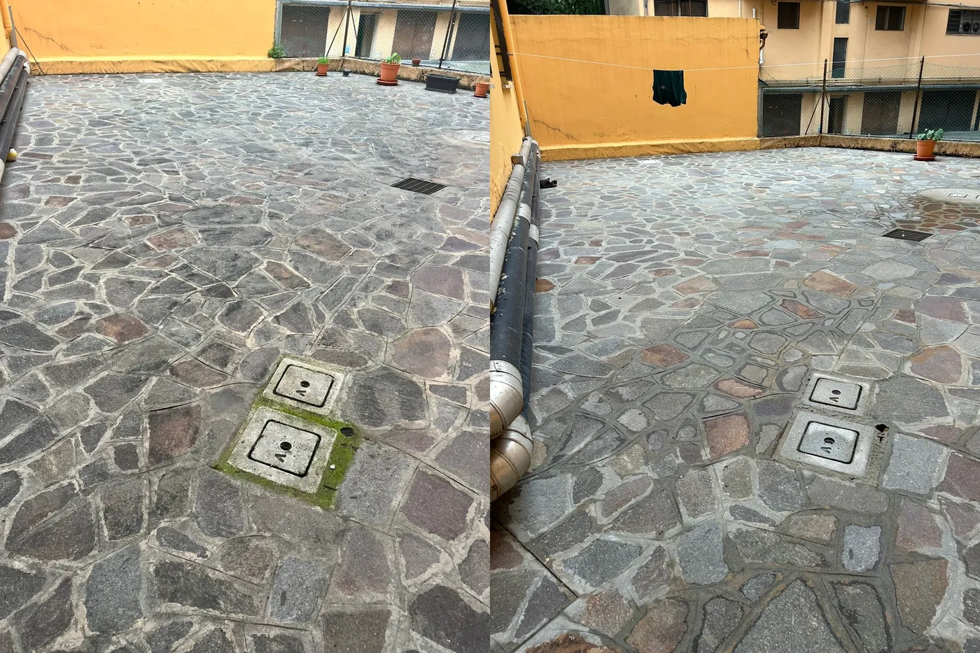 Prima e dopo la pulizia di un'area esterna pavimentata in pietra