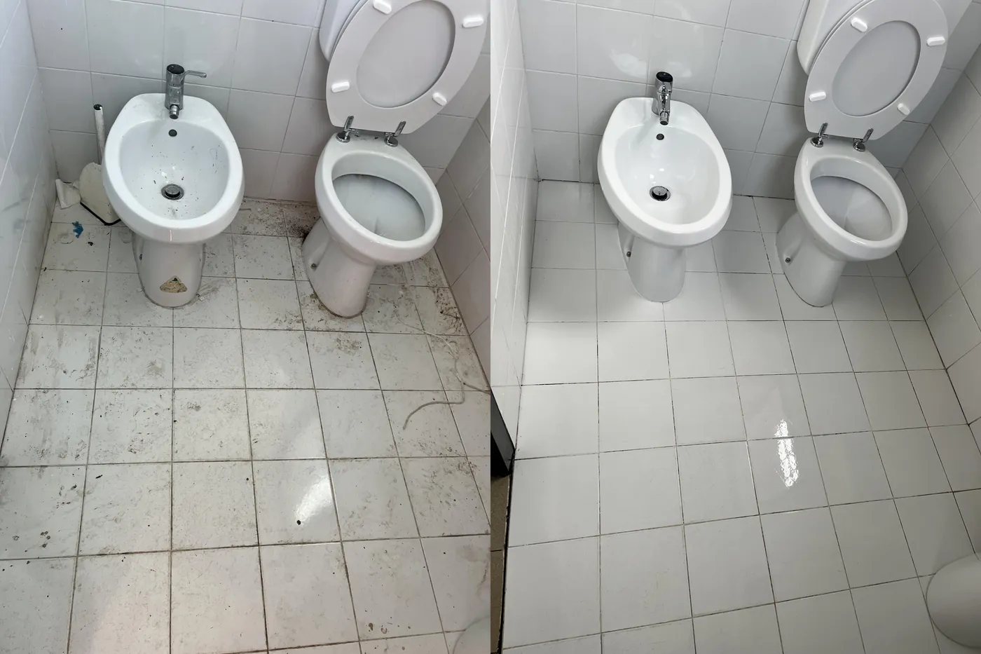 Prima e dopo l'igienizzazione di un bagno: pavimento e sanitari