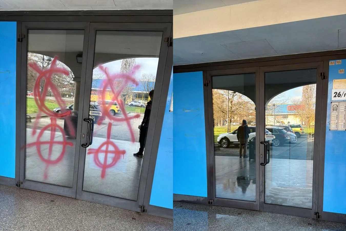 Prima e dopo la rimozione di graffiti da una porta a vetri