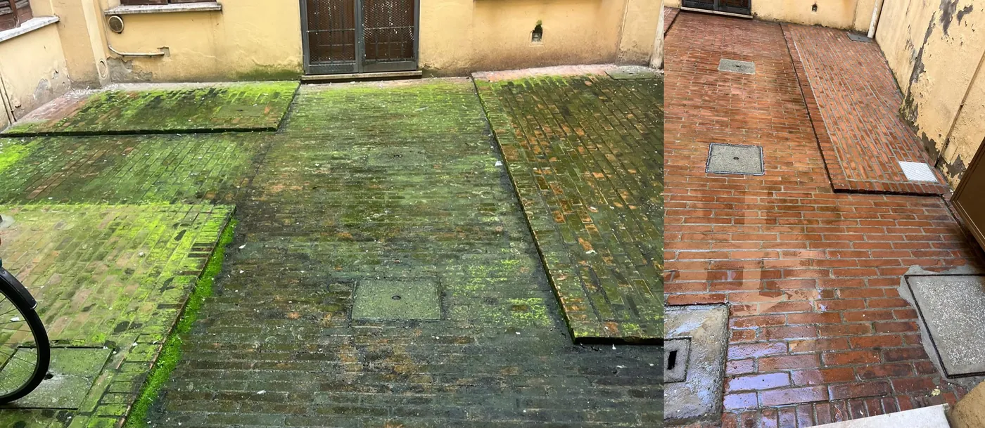 Prima e dopo la pulizia profonda di un cortile con pavimentazione in mattoni, coperto da muschio
