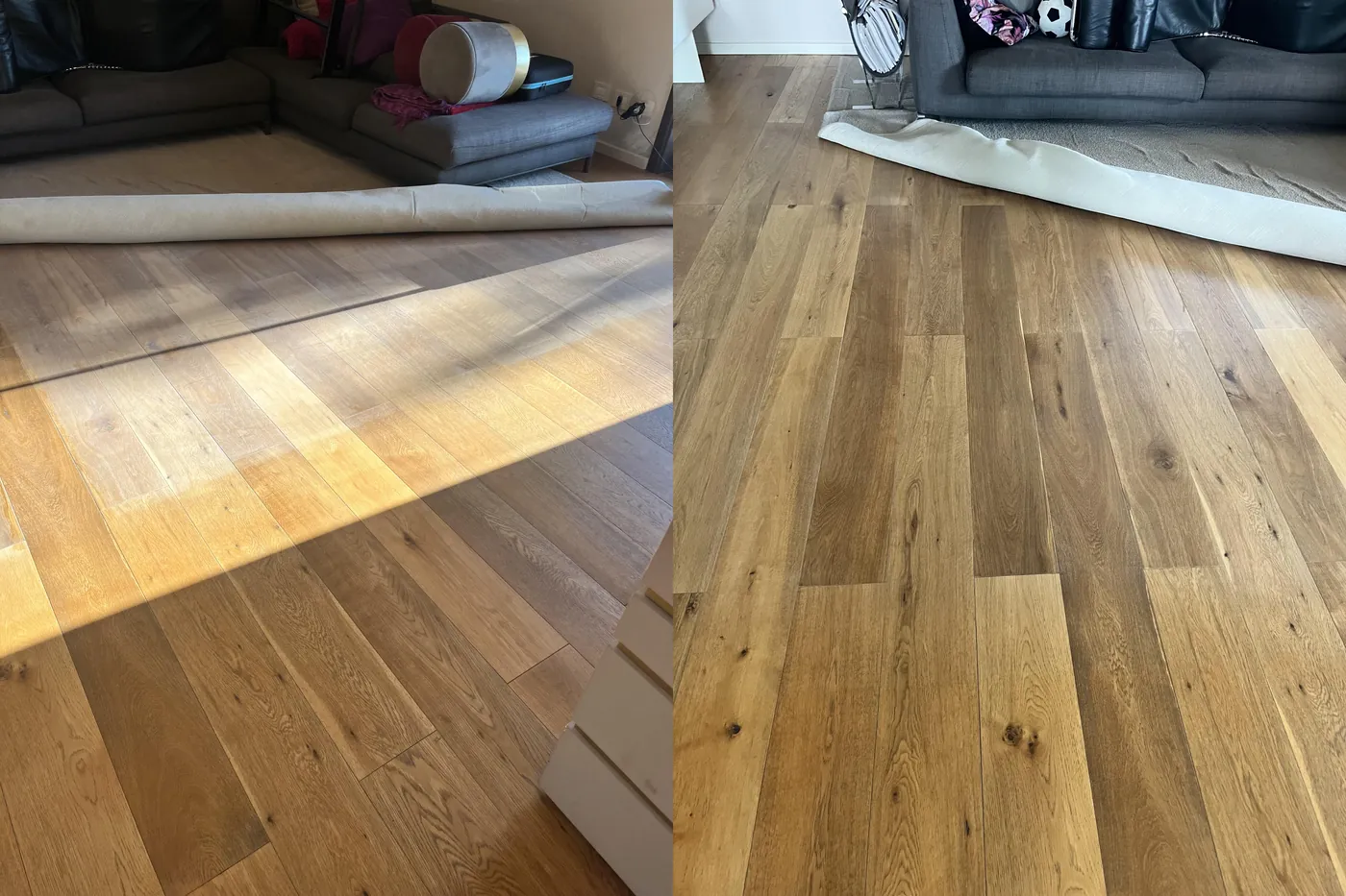 Prima e dopo il trattamento di un parquet in rovere