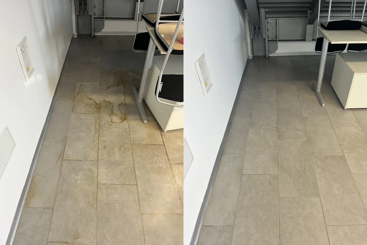 Prima e dopo la rigenerazione di un pavimento macchiato