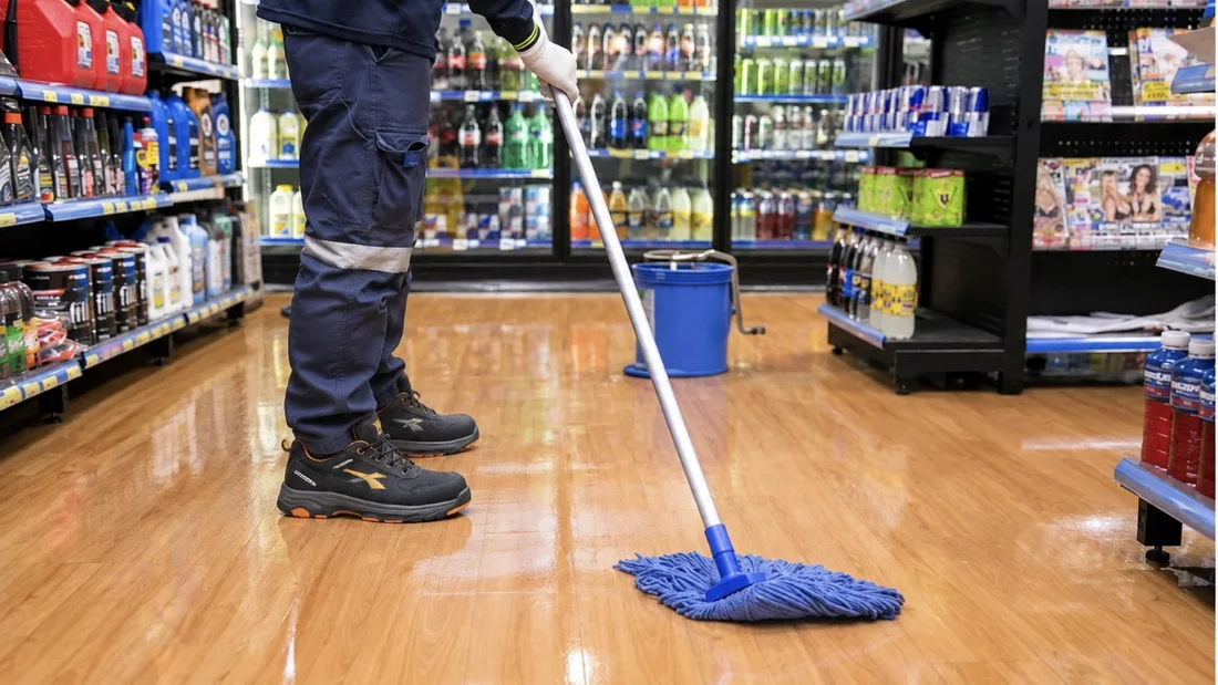 Lavaggio del pavimento di un negozio con mocio