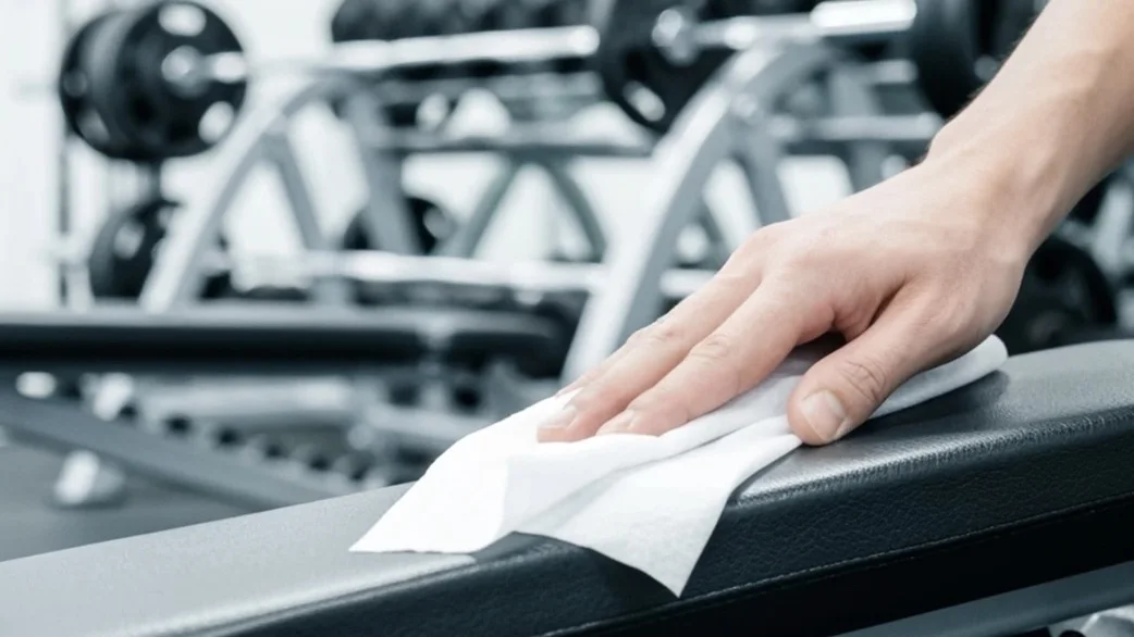 Sanificazione di una panca in palestra con un panno